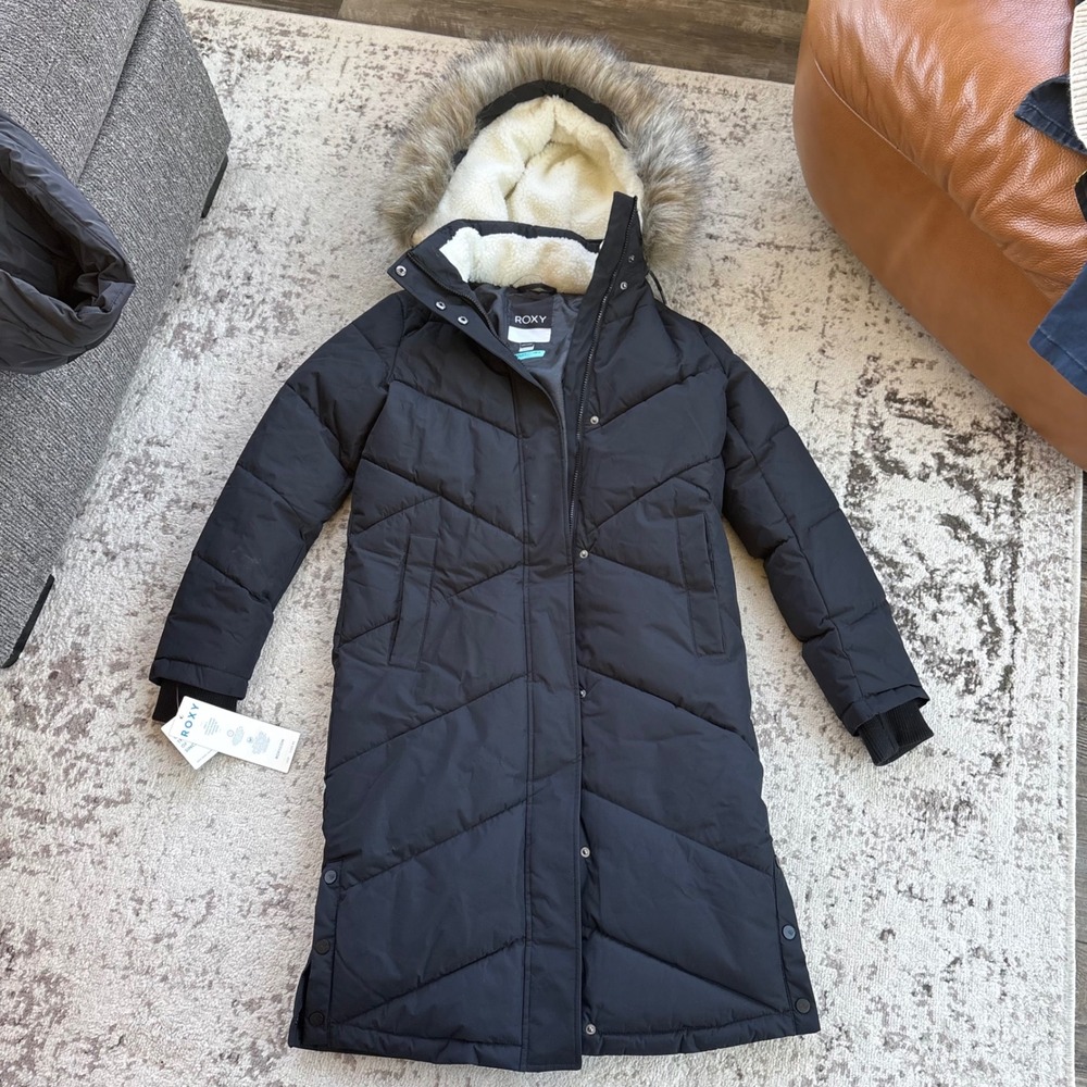 Roxy Women DryFlight Longline Puffer Jacket Black Faux Fur Hood‎ XS NWT $210